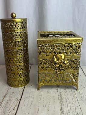 Vtg Set Filigree Hairspray Can Cover Flip Top Tissue Holder Hollywood Regency